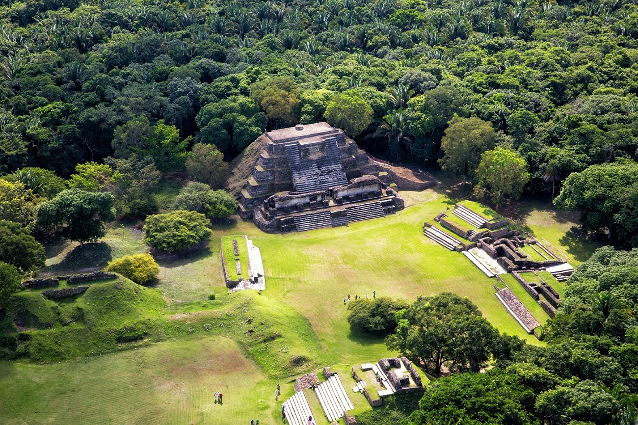 an ariel view of altun ha temples in the jungle of belize