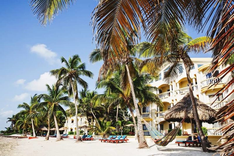 the beach with the accommodations at pelican reef on the island of ambergris caye belize