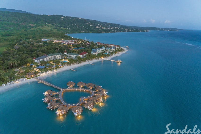 sandals south coast, whitehouse jamaica aerial view of the over the water bungalow and suites at sandals south coast in jamaica