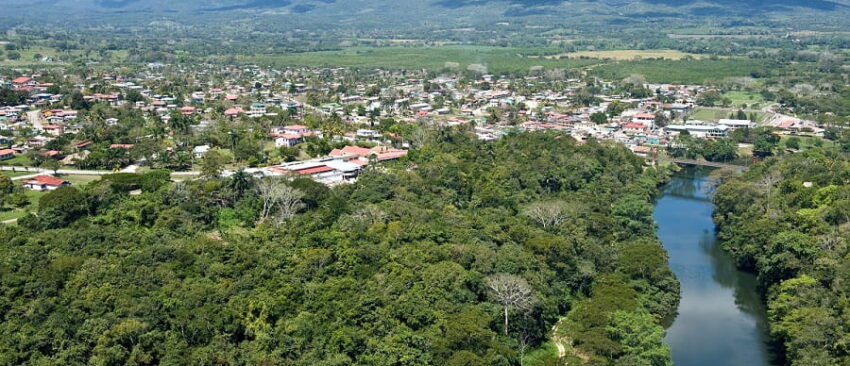 san ignacio, cayo district a belize jungle vacation destination ariel view of the macal river and san ignacio