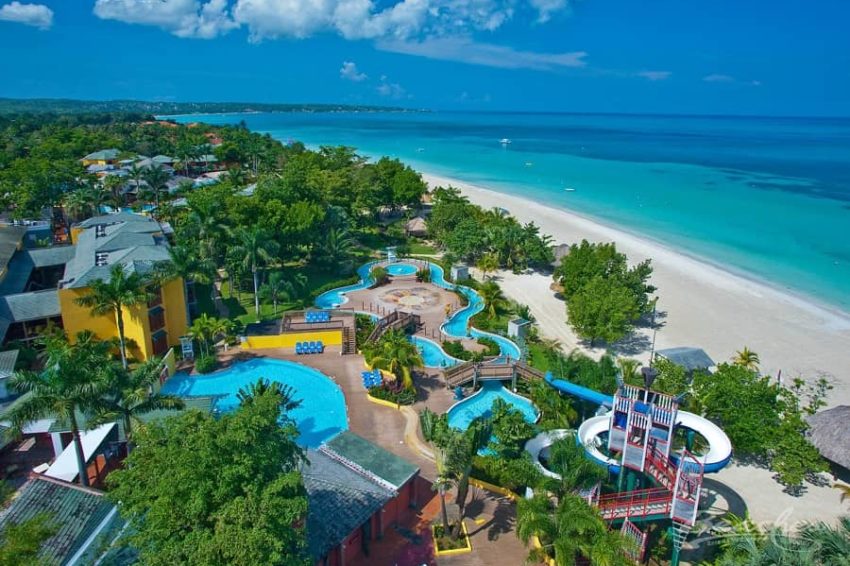 beaches negril, jamaica aeriel view of the waterpark, rooms, beach and caribbean sea at beaches negril in Jamaica
