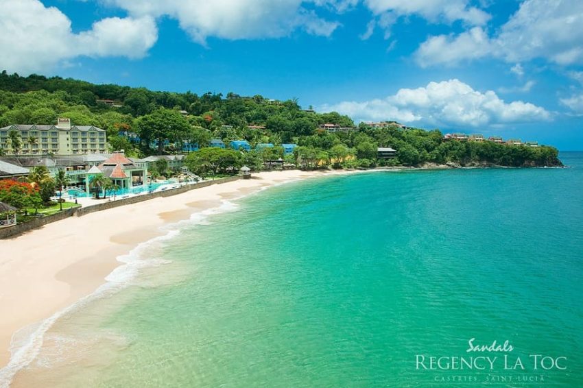 ariel view of the beachfront resort sandals regency la toc in st lucia