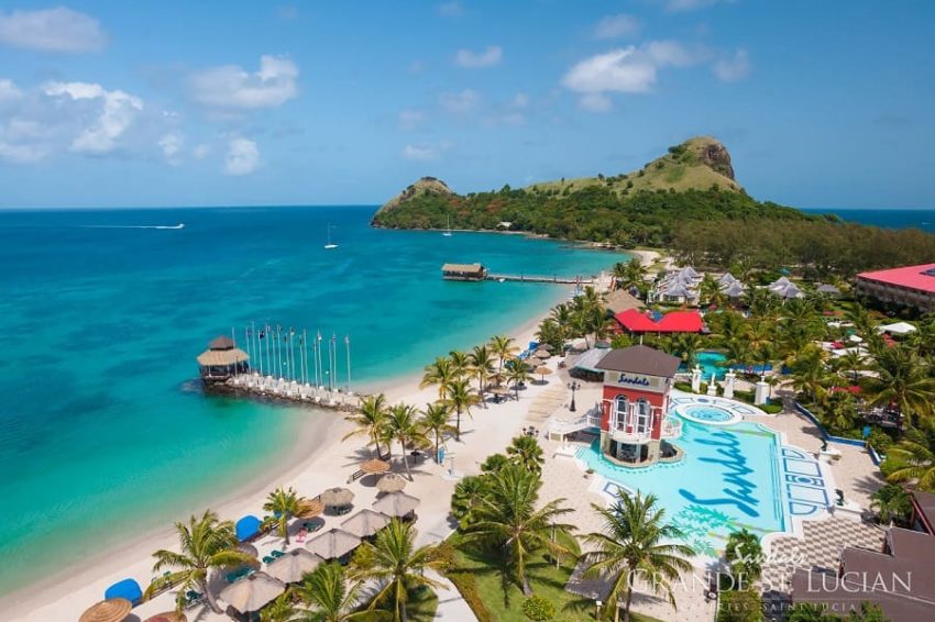 sandals grande st lucian, sanit lucia ariel view of the beachfront resort of sandals grande st lucian in saint lucia