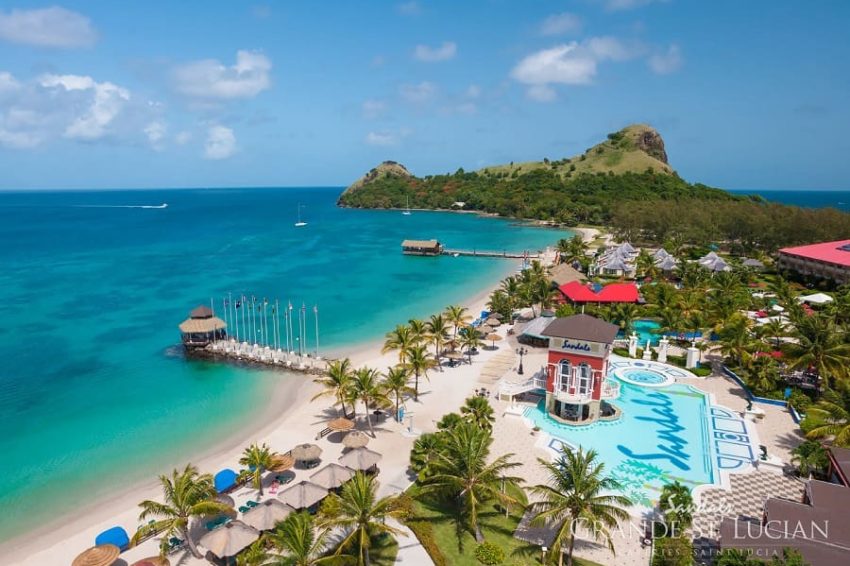 ariel view of the beachfront resort of sandals grande st lucian in saint lucia