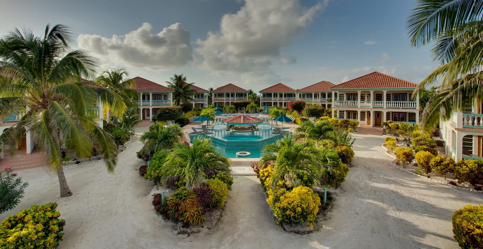 aerial view of the pool with the rooms at Belizean Shores Resort in san pedro belize